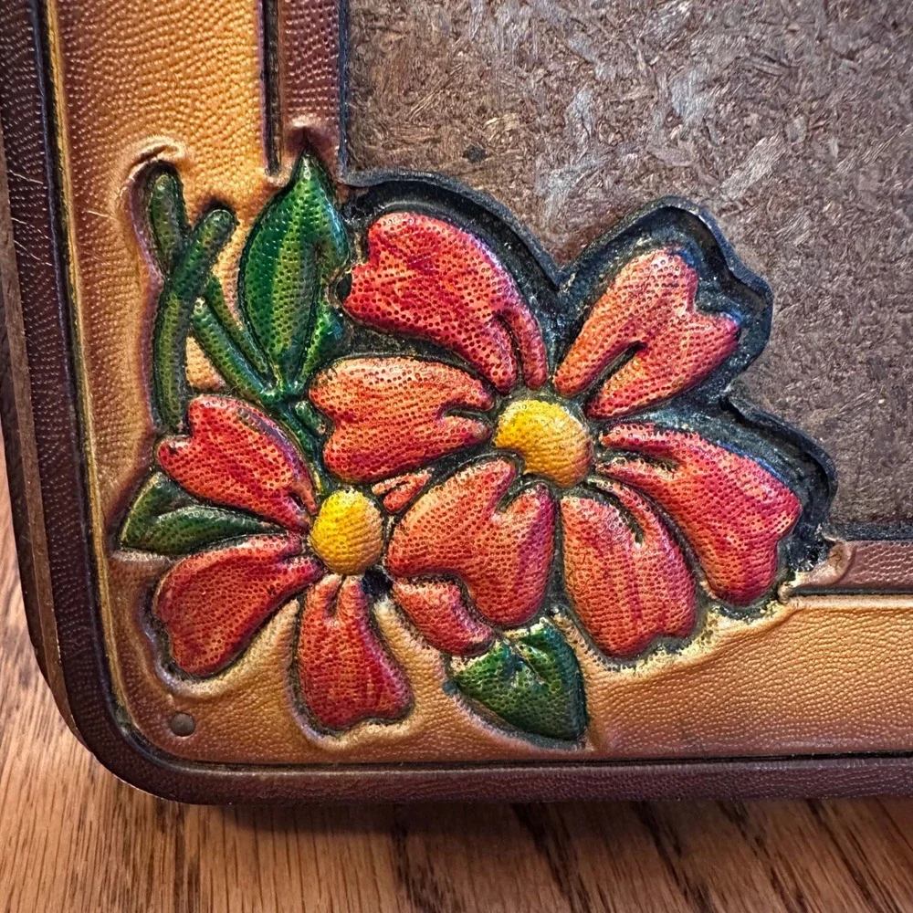 Wallace Berrie Cork Frame 5x7 Brown Tooled Floral 1978 Made in Taiwan Vintage